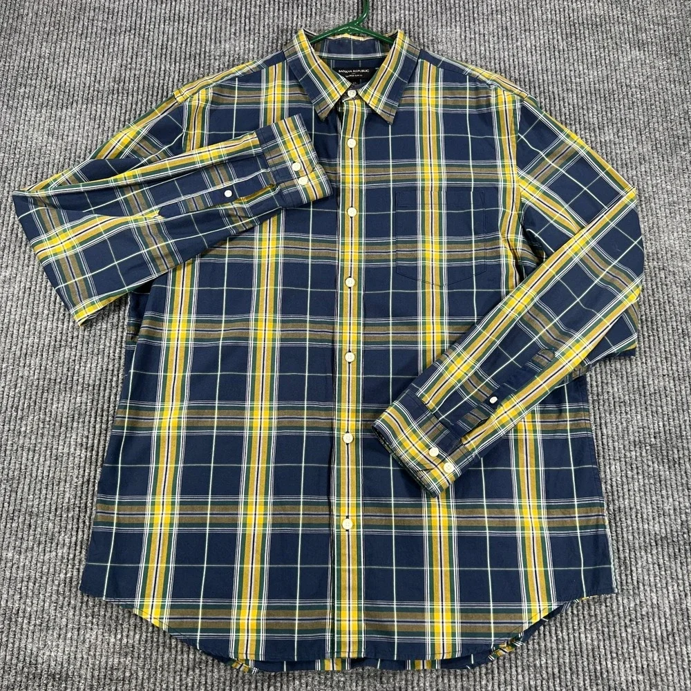 Banana Republic Shirt Mens‎ XL Extra Large Blue Yellow Plaid Long Sleeve Button